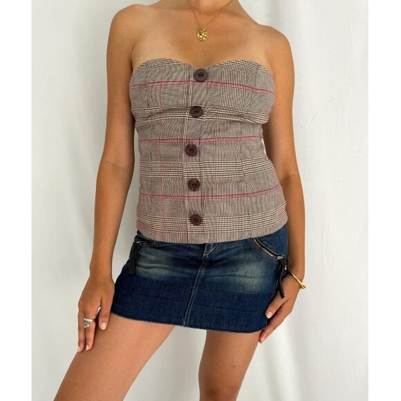y2k vintage GUESS jeans preppy brown plaid button up strapless tube crop top - Picture 1 of 9